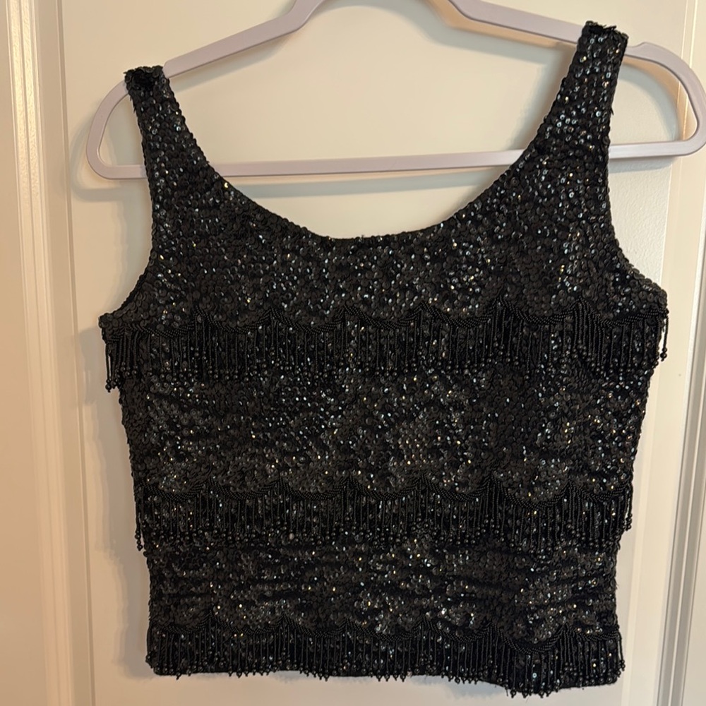 Black Sleeveless Sequin Fitted Tank Top